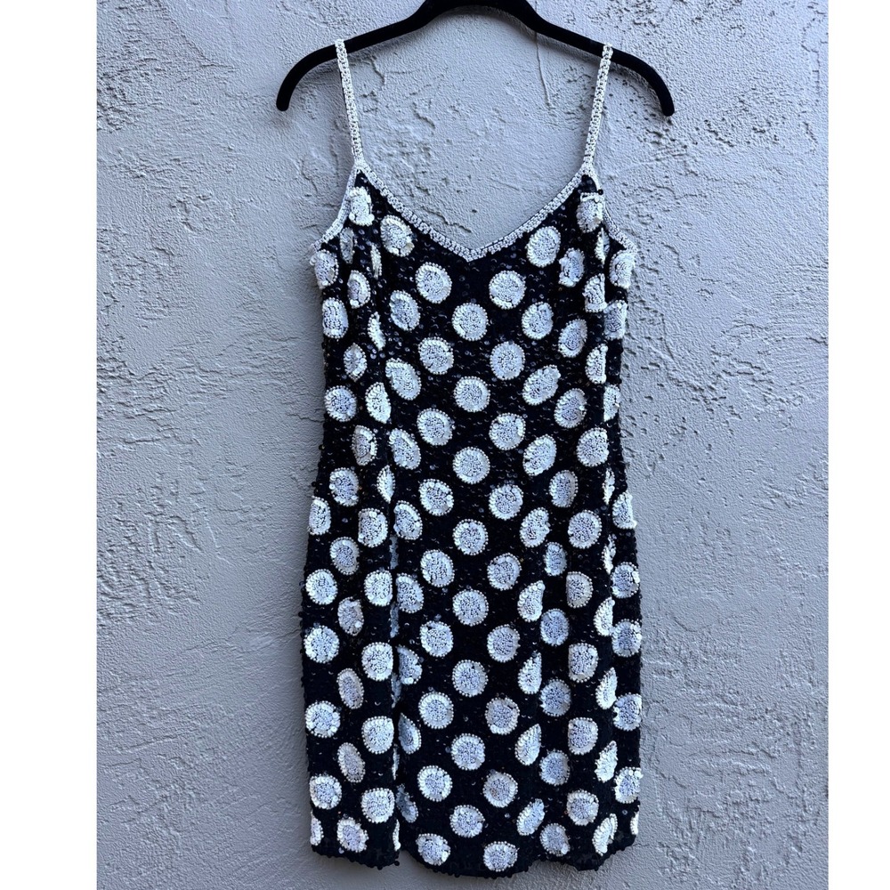 Vintage Oleg Cassini Black White Sequin Polka Dot Mini Dress SZ 8 Formal Party